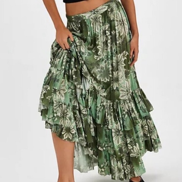 NWOT Free People Marietta Floral Green Maxi Skirt Asymmetrical Flowy Size Small - Picture 2 of 7